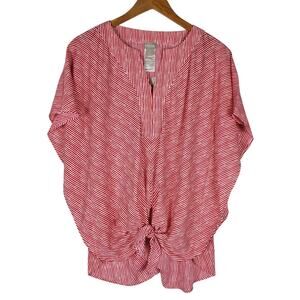 NEW Chicos Short Flutter Sleeve Tie Front Top Sz 0 US 4/6 Red White Henna Stripe